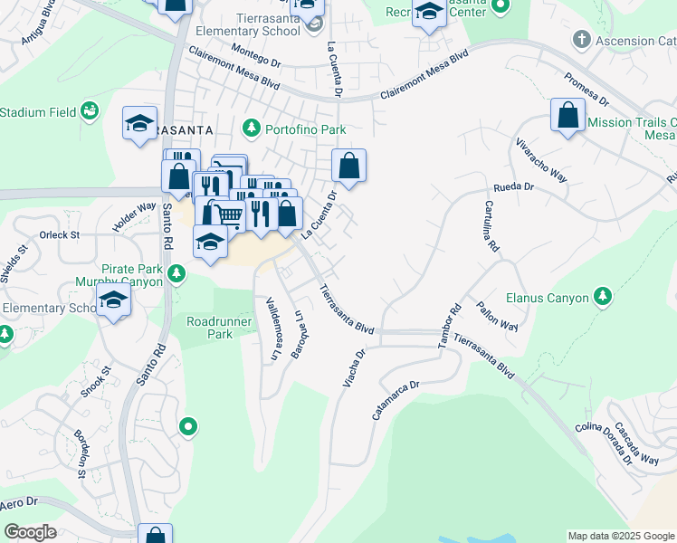map of restaurants, bars, coffee shops, grocery stores, and more near 5031 Ducos Place in San Diego