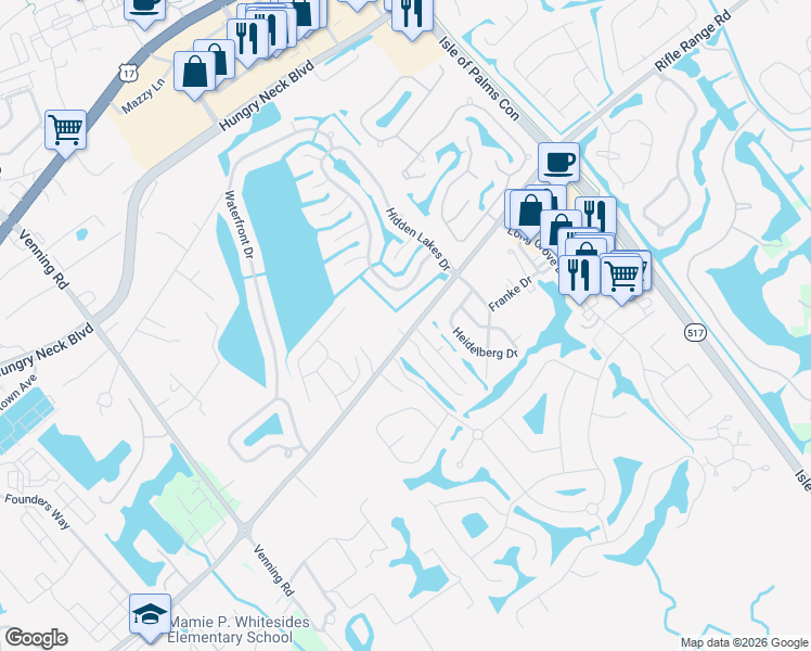 map of restaurants, bars, coffee shops, grocery stores, and more near 1501 Maple Hill Lane in Mount Pleasant