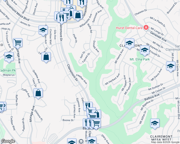 map of restaurants, bars, coffee shops, grocery stores, and more near 4154 Donald Court in San Diego