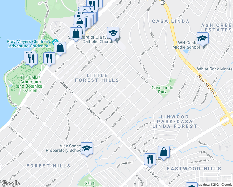 map of restaurants, bars, coffee shops, grocery stores, and more near 8815 San Benito Way in Dallas