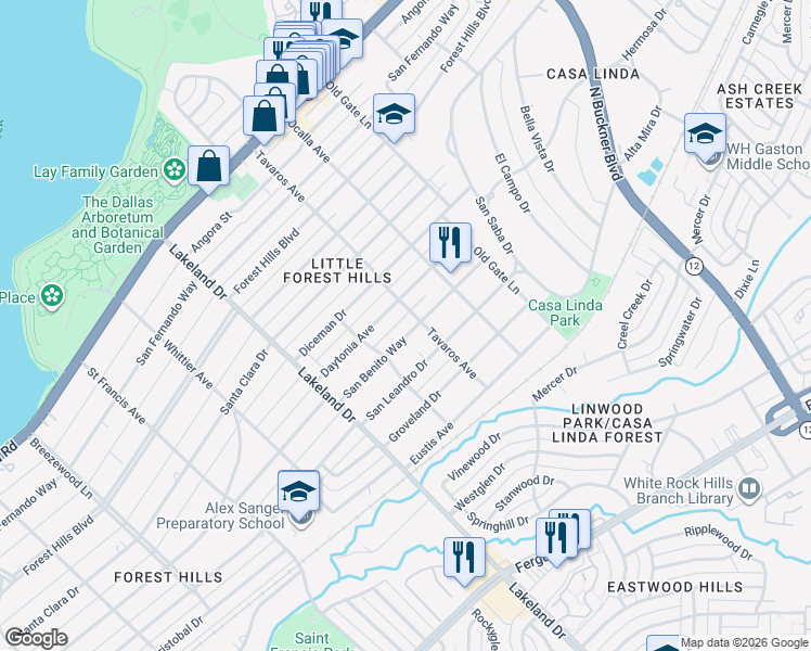 map of restaurants, bars, coffee shops, grocery stores, and more near 8815 San Benito Way in Dallas