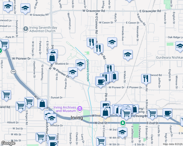 map of restaurants, bars, coffee shops, grocery stores, and more near 613 Campana Court in Irving