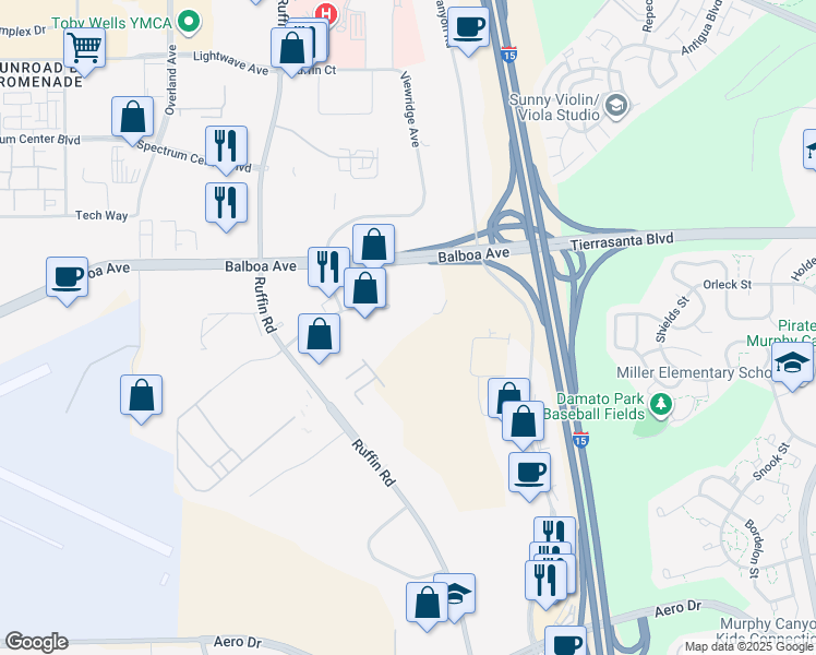 map of restaurants, bars, coffee shops, grocery stores, and more near 9601 Ridgehaven Court in San Diego