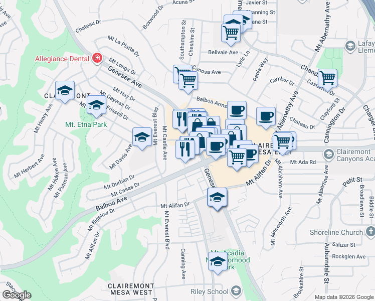 map of restaurants, bars, coffee shops, grocery stores, and more near 5270 Balboa Avenue in San Diego