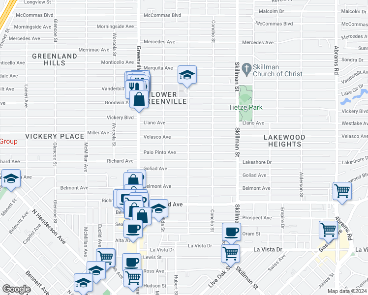 map of restaurants, bars, coffee shops, grocery stores, and more near 5835 Palo Pinto Avenue in Dallas
