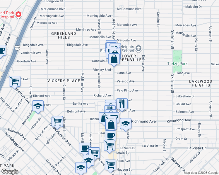 map of restaurants, bars, coffee shops, grocery stores, and more near 5630 Willis Avenue in Dallas