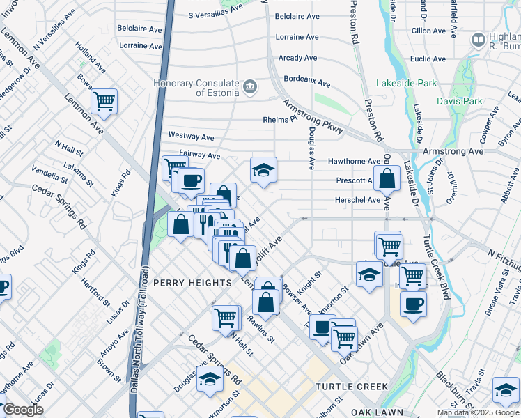 map of restaurants, bars, coffee shops, grocery stores, and more near 3721 Herschel Avenue in Dallas