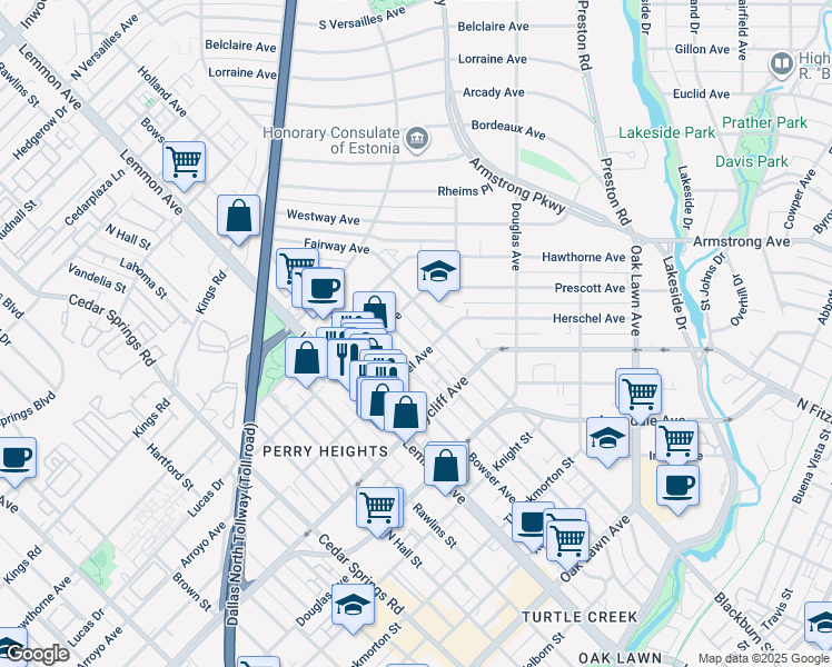 map of restaurants, bars, coffee shops, grocery stores, and more near 4419 Holland Avenue in Dallas
