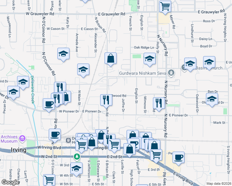 map of restaurants, bars, coffee shops, grocery stores, and more near 517 Elwood Road in Irving