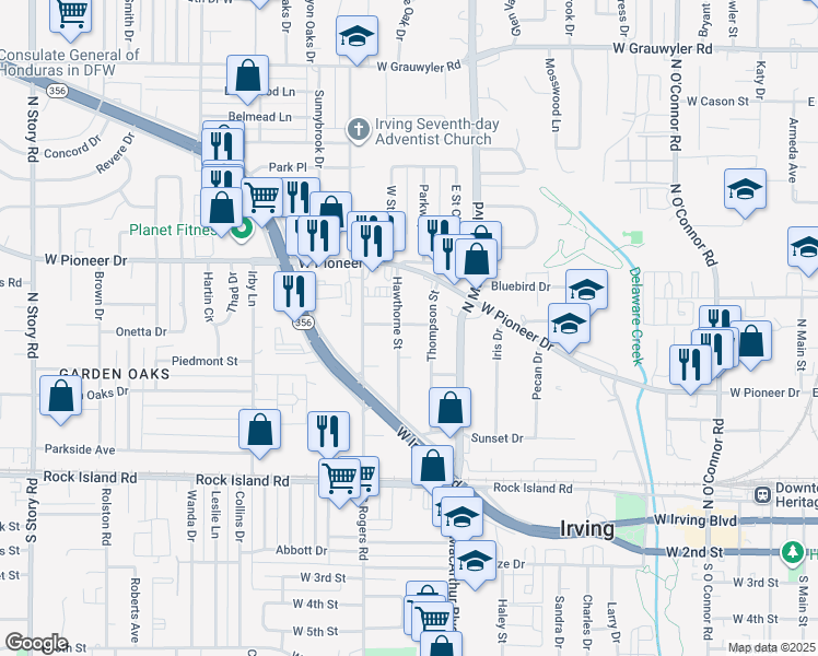 map of restaurants, bars, coffee shops, grocery stores, and more near 1310 Abelia Street in Irving