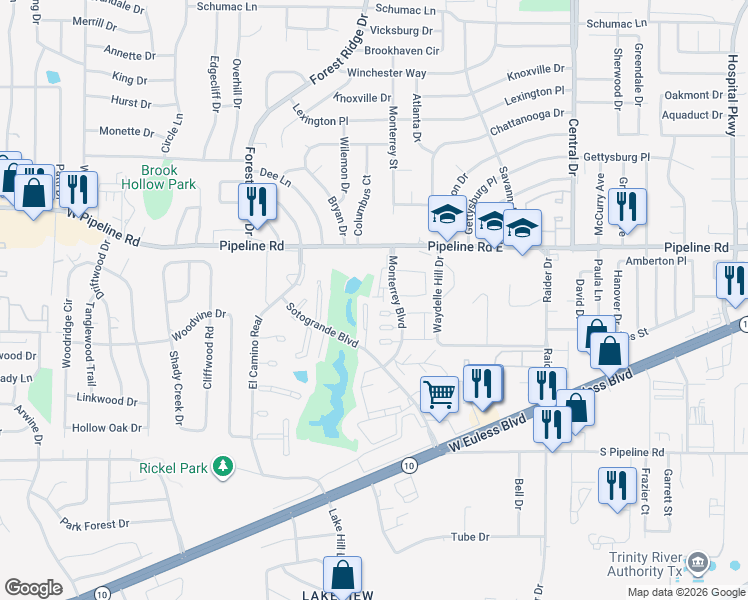map of restaurants, bars, coffee shops, grocery stores, and more near 1308 Monterrey Boulevard in Euless