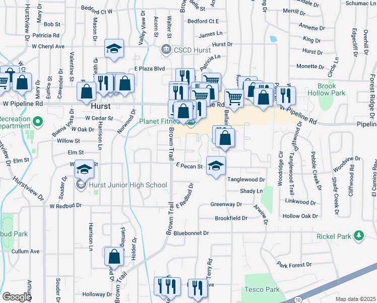 map of restaurants, bars, coffee shops, grocery stores, and more near 365 East Pecan Street in Hurst