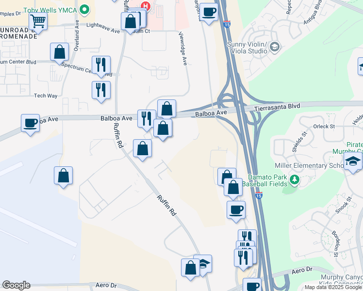 map of restaurants, bars, coffee shops, grocery stores, and more near 9601 Ridgehaven Court in San Diego