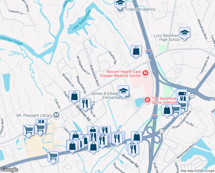 map of restaurants, bars, coffee shops, grocery stores, and more near 1265 Mathis Ferry Road in Mount Pleasant