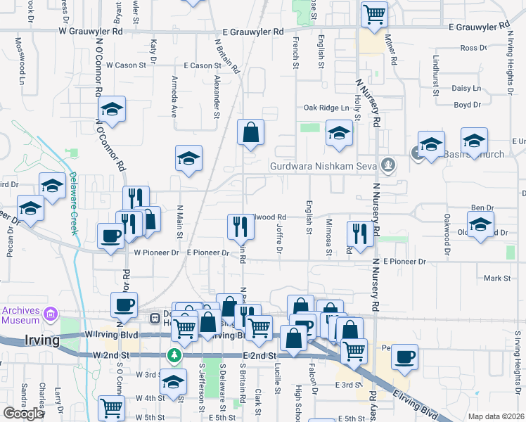 map of restaurants, bars, coffee shops, grocery stores, and more near 517 Elwood Road in Irving