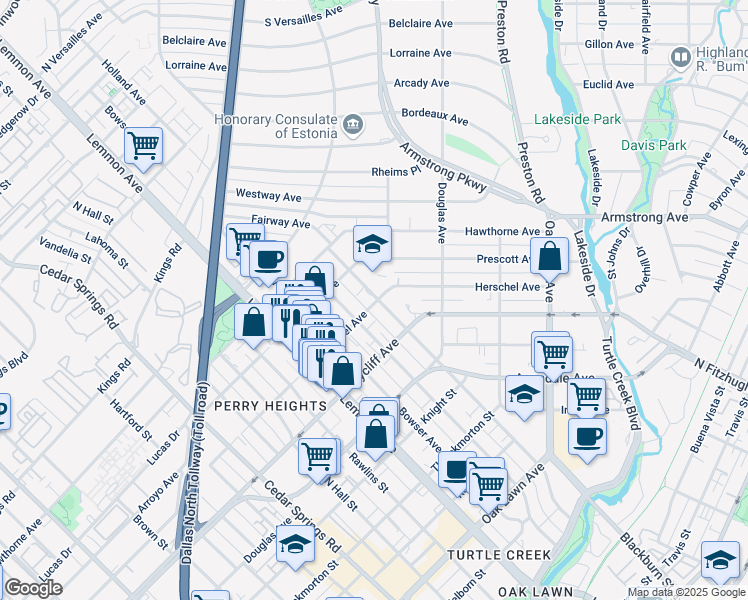 map of restaurants, bars, coffee shops, grocery stores, and more near 3721 Herschel Avenue in Dallas