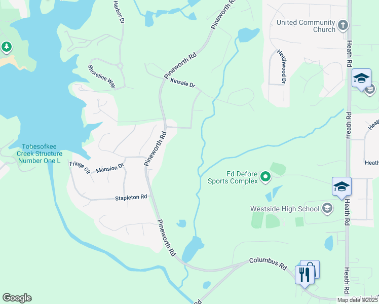 map of restaurants, bars, coffee shops, grocery stores, and more near 2650 Pineworth Road in Macon