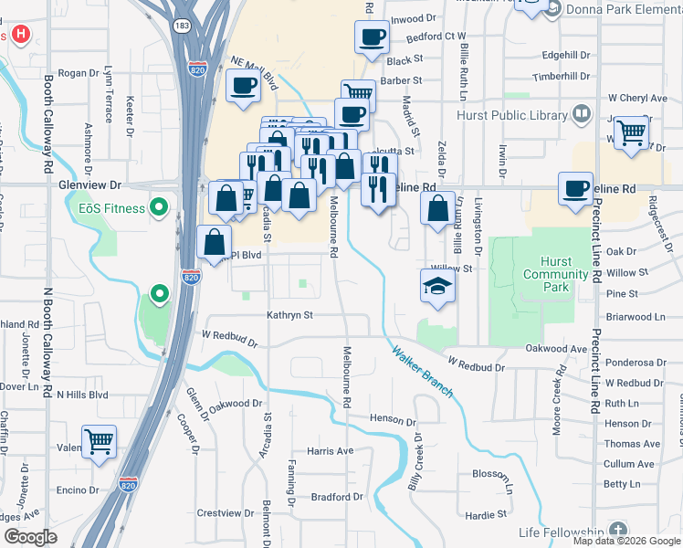 map of restaurants, bars, coffee shops, grocery stores, and more near 640 Melbourne Ct in Hurst