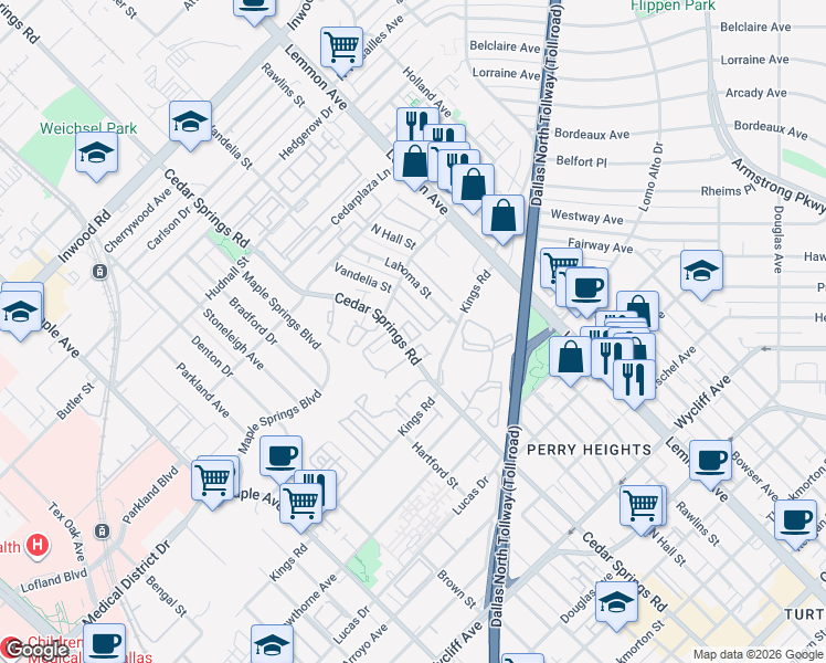 map of restaurants, bars, coffee shops, grocery stores, and more near 4810 Cedar Springs Road in Dallas