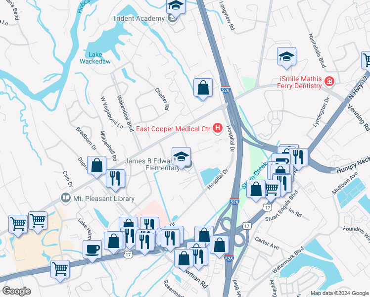 map of restaurants, bars, coffee shops, grocery stores, and more near 839 Von Kolnitz Road in Mount Pleasant