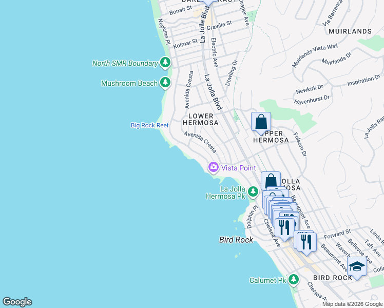 map of restaurants, bars, coffee shops, grocery stores, and more near 6106 Camino De La Costa in San Diego