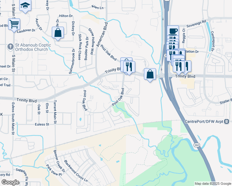 map of restaurants, bars, coffee shops, grocery stores, and more near 3875 Post Oak Boulevard in Euless