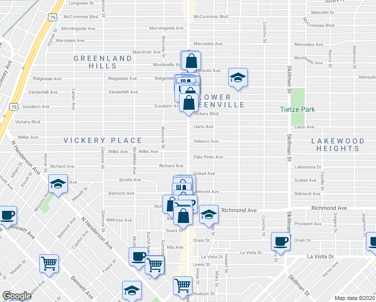 map of restaurants, bars, coffee shops, grocery stores, and more near 6716 Willis Avenue in Dallas