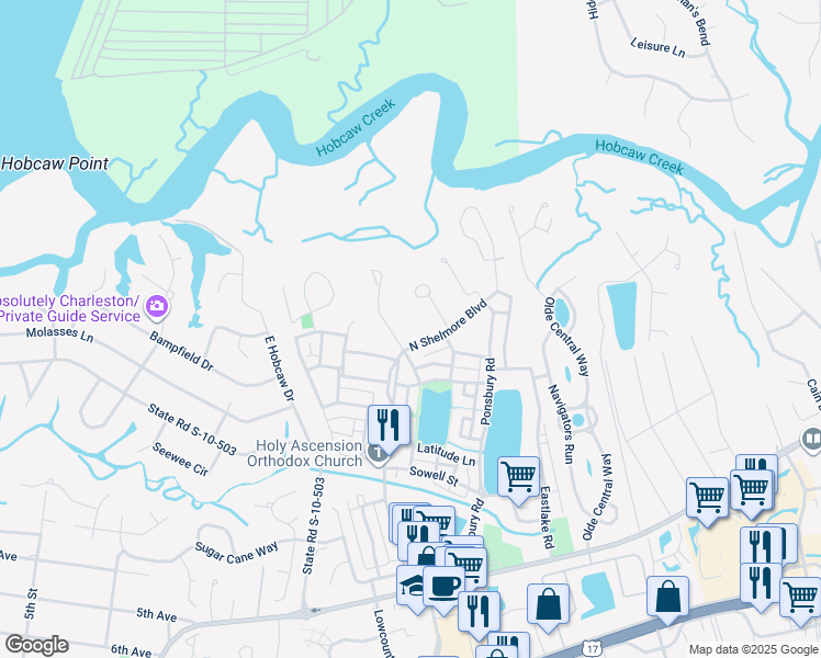 map of restaurants, bars, coffee shops, grocery stores, and more near 145 North Shelmore Boulevard in Mount Pleasant