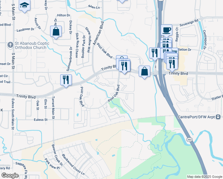 map of restaurants, bars, coffee shops, grocery stores, and more near 3875 Post Oak Boulevard in Euless