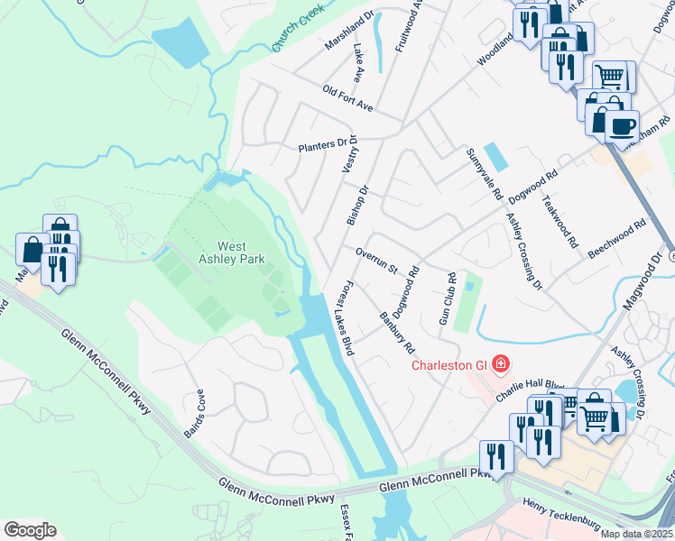 map of restaurants, bars, coffee shops, grocery stores, and more near 2119 Bishop Drive in Charleston