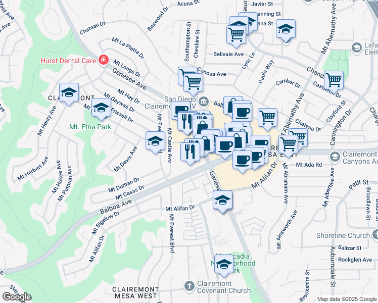 map of restaurants, bars, coffee shops, grocery stores, and more near 5270 Genesee Avenue in San Diego