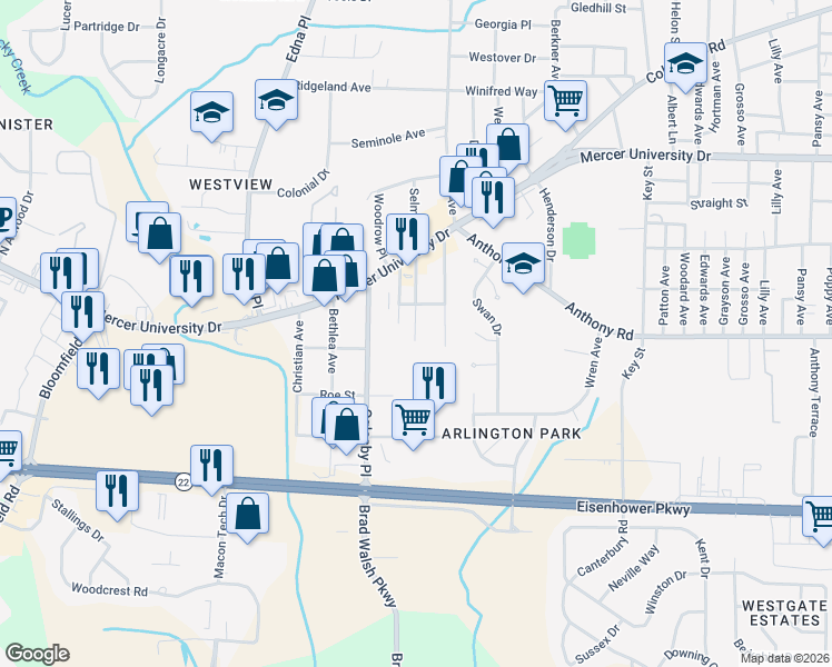 map of restaurants, bars, coffee shops, grocery stores, and more near 1781 Arlington Park in Macon