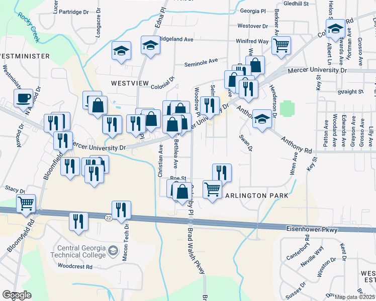 map of restaurants, bars, coffee shops, grocery stores, and more near 1780 Oglesby Place in Macon