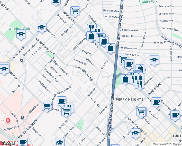 map of restaurants, bars, coffee shops, grocery stores, and more near 4810 Cedar Springs Road in Dallas
