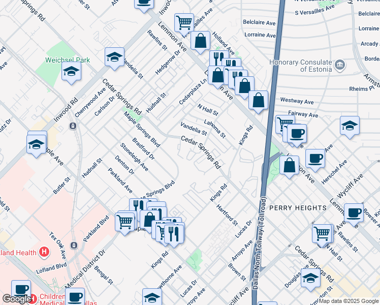map of restaurants, bars, coffee shops, grocery stores, and more near 3003 Mahanna Springs Drive in Dallas