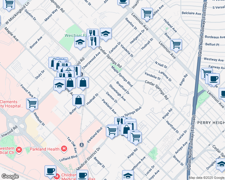 map of restaurants, bars, coffee shops, grocery stores, and more near 5310 Denton Drive in Dallas