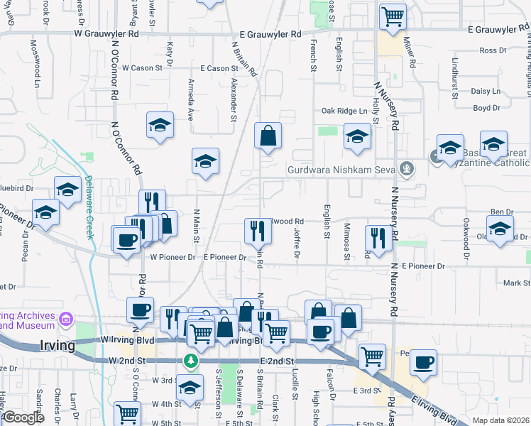 map of restaurants, bars, coffee shops, grocery stores, and more near 405 Elwood Road in Irving