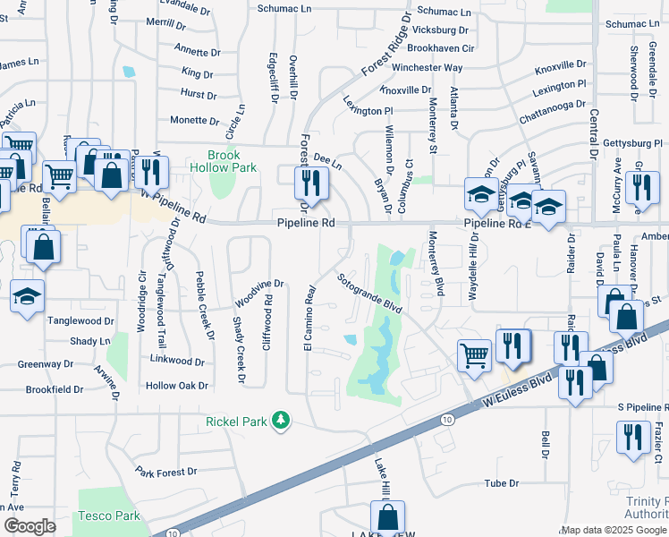 map of restaurants, bars, coffee shops, grocery stores, and more near 1201 El Camino Real in Euless