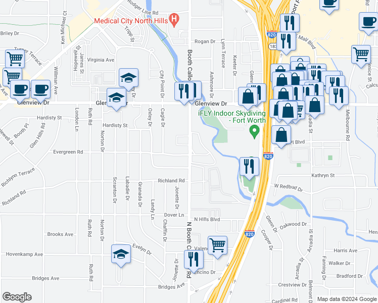 map of restaurants, bars, coffee shops, grocery stores, and more near 3800 Booth Calloway Road in Richland Hills