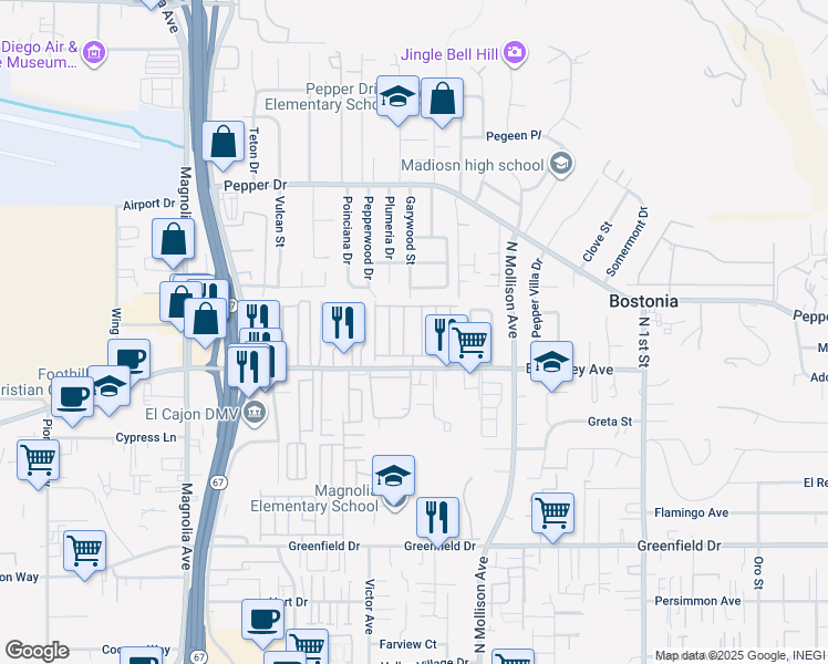 map of restaurants, bars, coffee shops, grocery stores, and more near 450 East Bradley Avenue in El Cajon