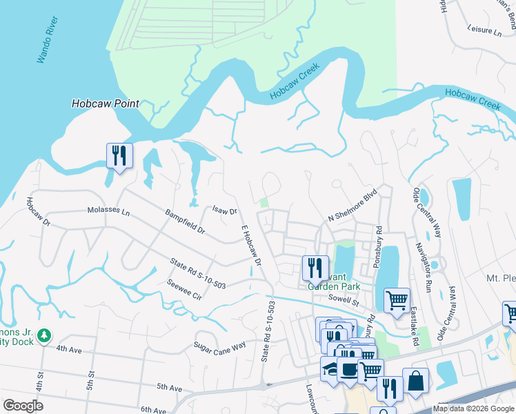 map of restaurants, bars, coffee shops, grocery stores, and more near 4 Edenton Road in Mount Pleasant