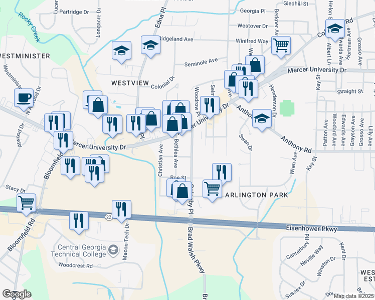 map of restaurants, bars, coffee shops, grocery stores, and more near 1780 Oglesby Place in Macon