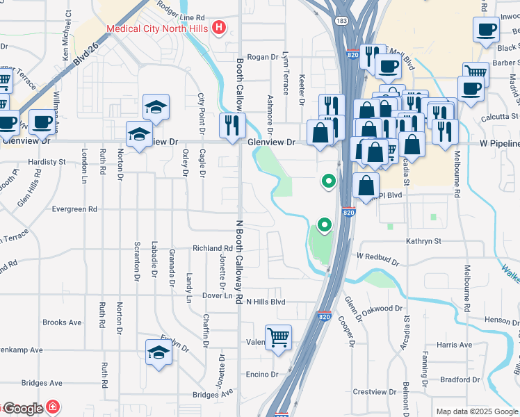 map of restaurants, bars, coffee shops, grocery stores, and more near 3830 Booth Calloway Road in Richland Hills