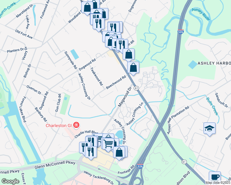 map of restaurants, bars, coffee shops, grocery stores, and more near 1901 Cedar Petal Lane in Charleston