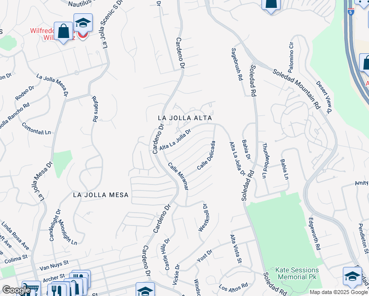 map of restaurants, bars, coffee shops, grocery stores, and more near 1619 Calle De Primra in San Diego