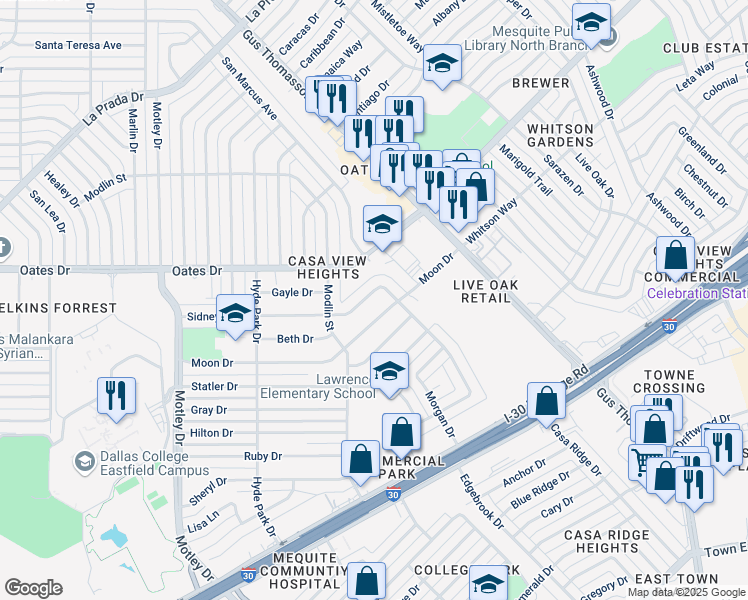 map of restaurants, bars, coffee shops, grocery stores, and more near 3209 Moon Drive in Mesquite