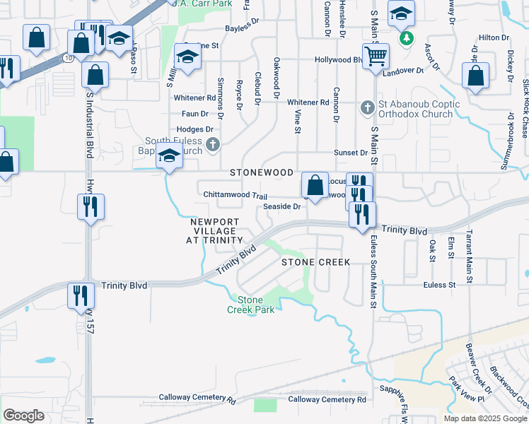 map of restaurants, bars, coffee shops, grocery stores, and more near 3946 Fernando Drive in Euless
