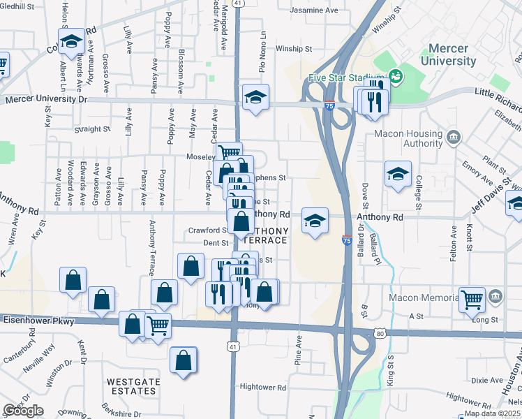 map of restaurants, bars, coffee shops, grocery stores, and more near 2221 Adams Avenue in Macon