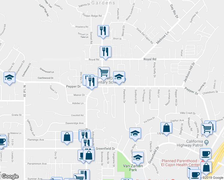 map of restaurants, bars, coffee shops, grocery stores, and more near 1315 Pepper Drive in El Cajon