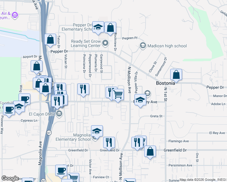 map of restaurants, bars, coffee shops, grocery stores, and more near 450 East Bradley Avenue in El Cajon